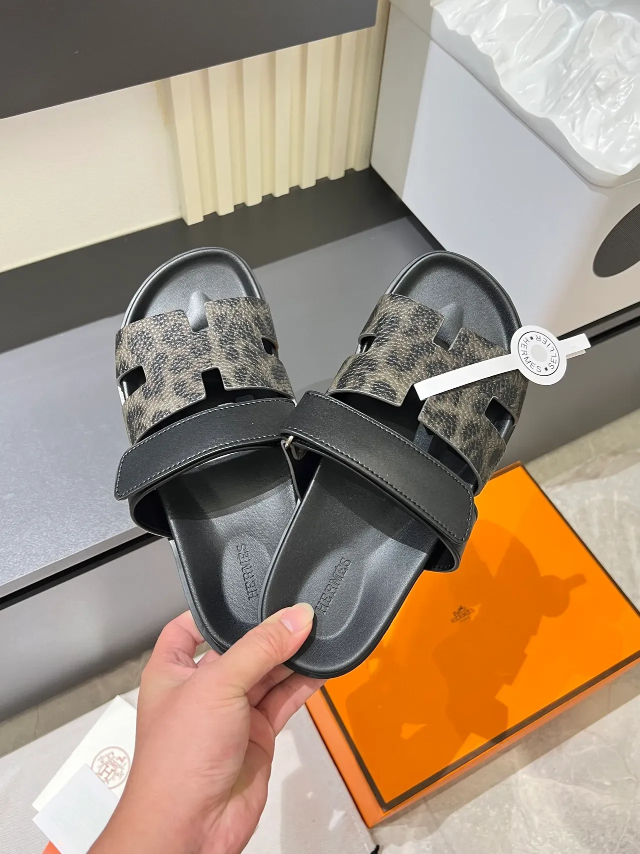 Hermès Oran Leopard and Python-Print H-Strap Slippers 10