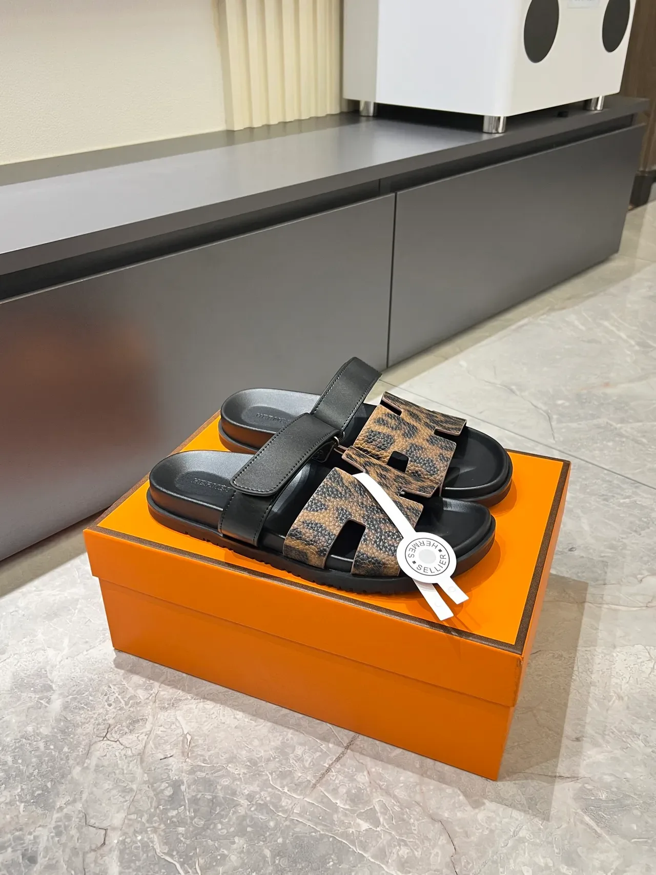 Hermès Oran Leopard and Python-Print H-Strap Slippers 13