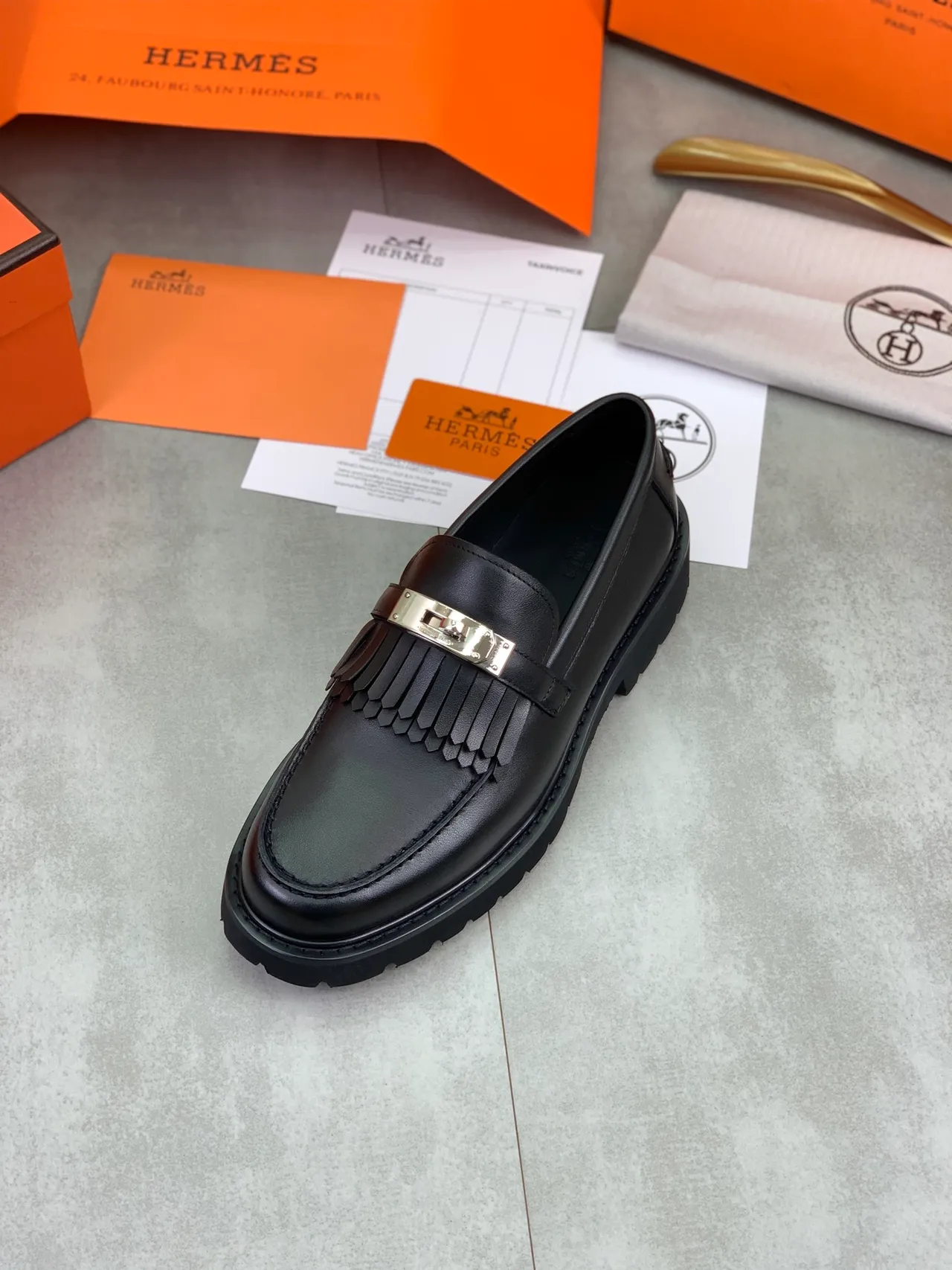 Hermès Oran Loafer Black Leather Fringe Strap Loafers 4
