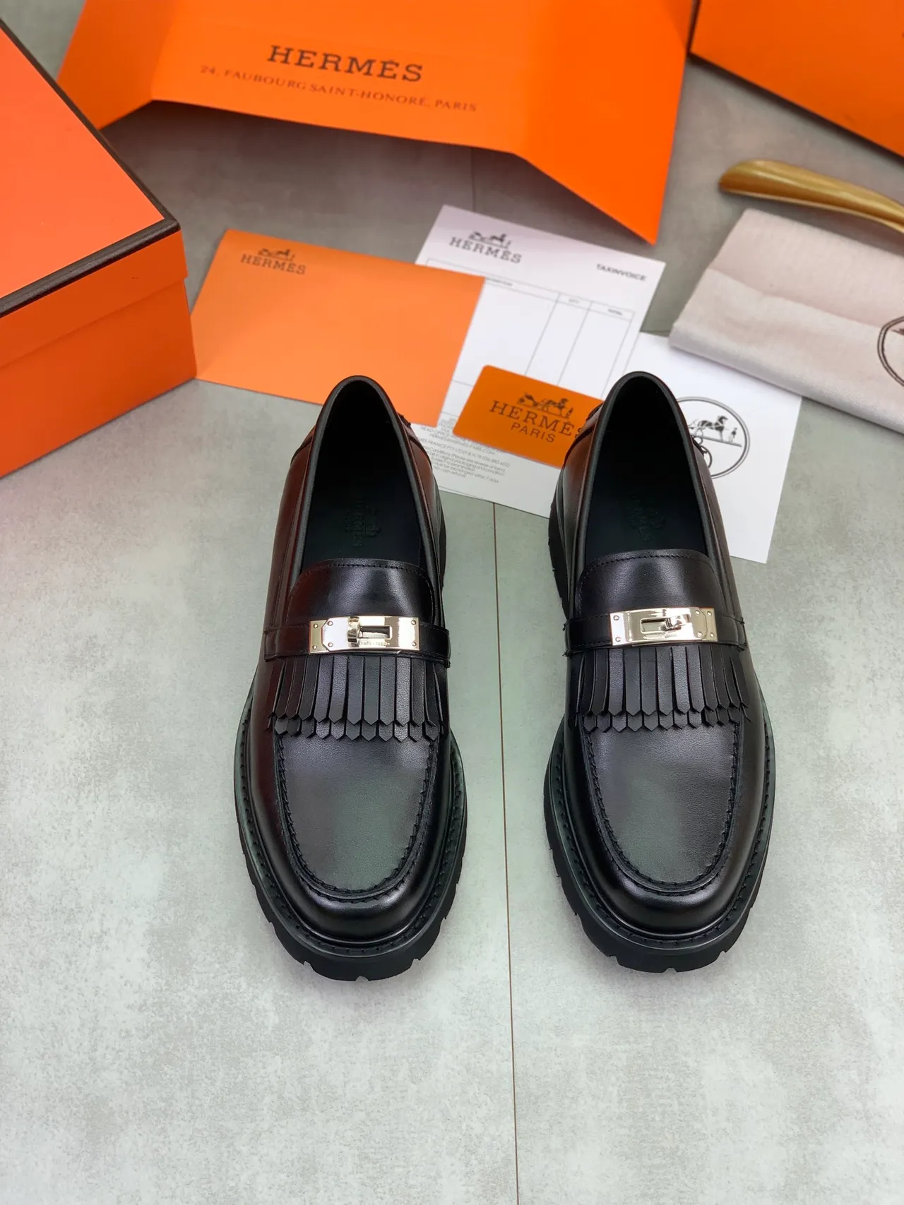 Hermès Oran Loafer Black Leather Fringe Strap Loafers 5