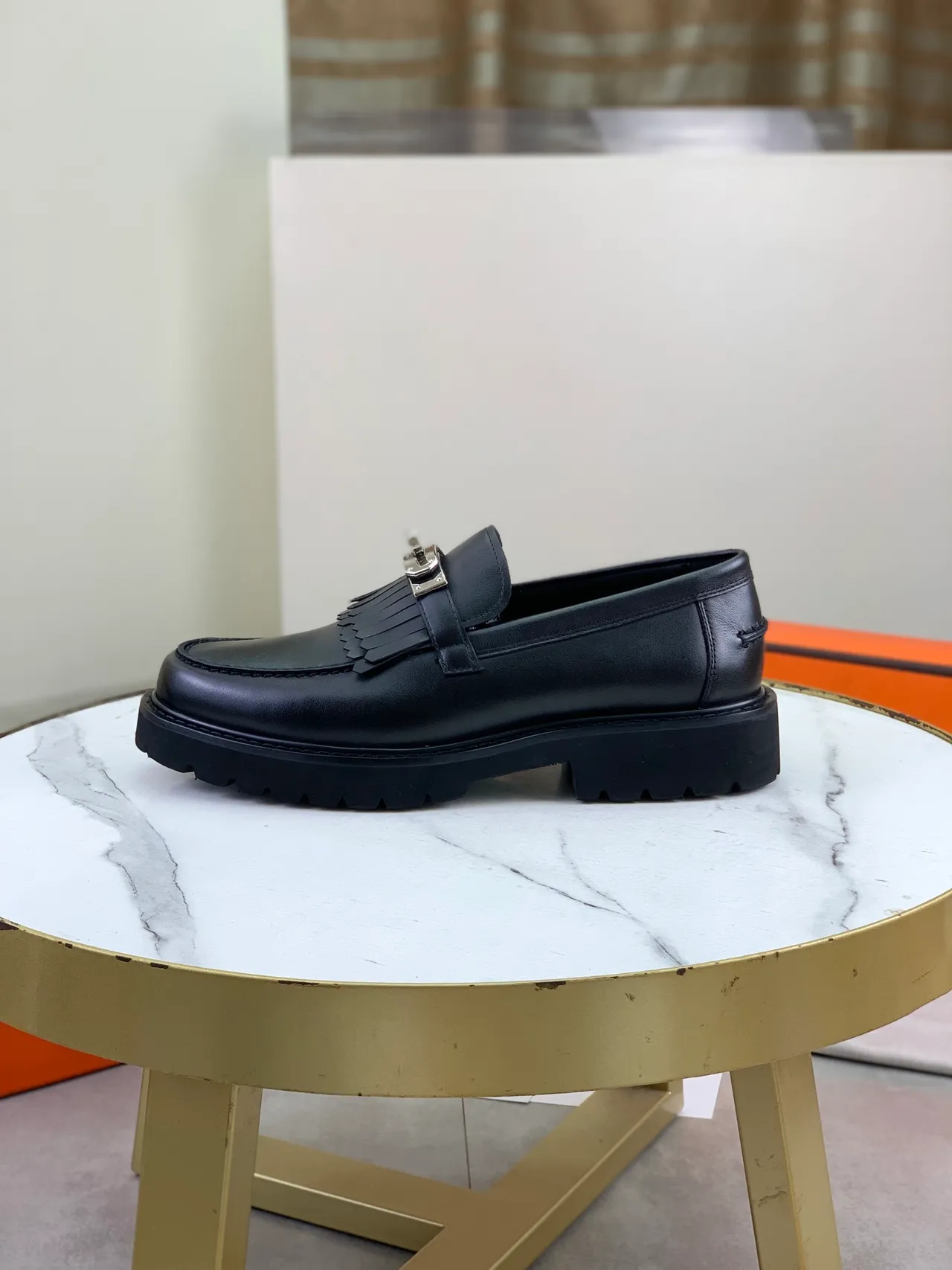 Hermès Oran Loafer Black Leather Fringe Strap Loafers 6