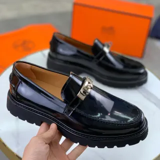 Hermès Oran Loafer Black Patent Leather H-Buckle Slip-On Loafers