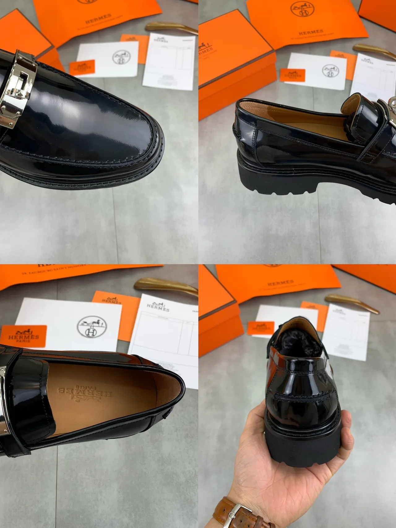 Hermès Oran Loafer Black Patent Leather H-Buckle Slip-On Loafers 2