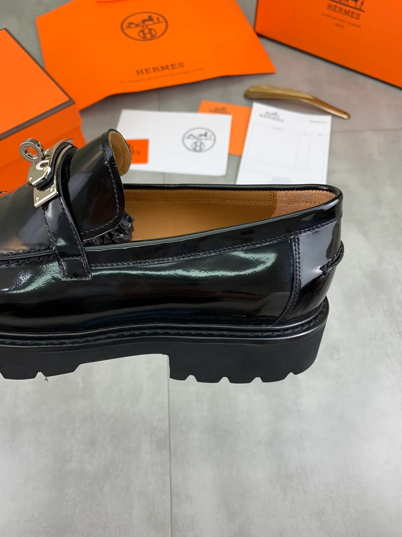Hermès Oran Loafer Black Patent Leather H-Buckle Slip-On Loafers 4