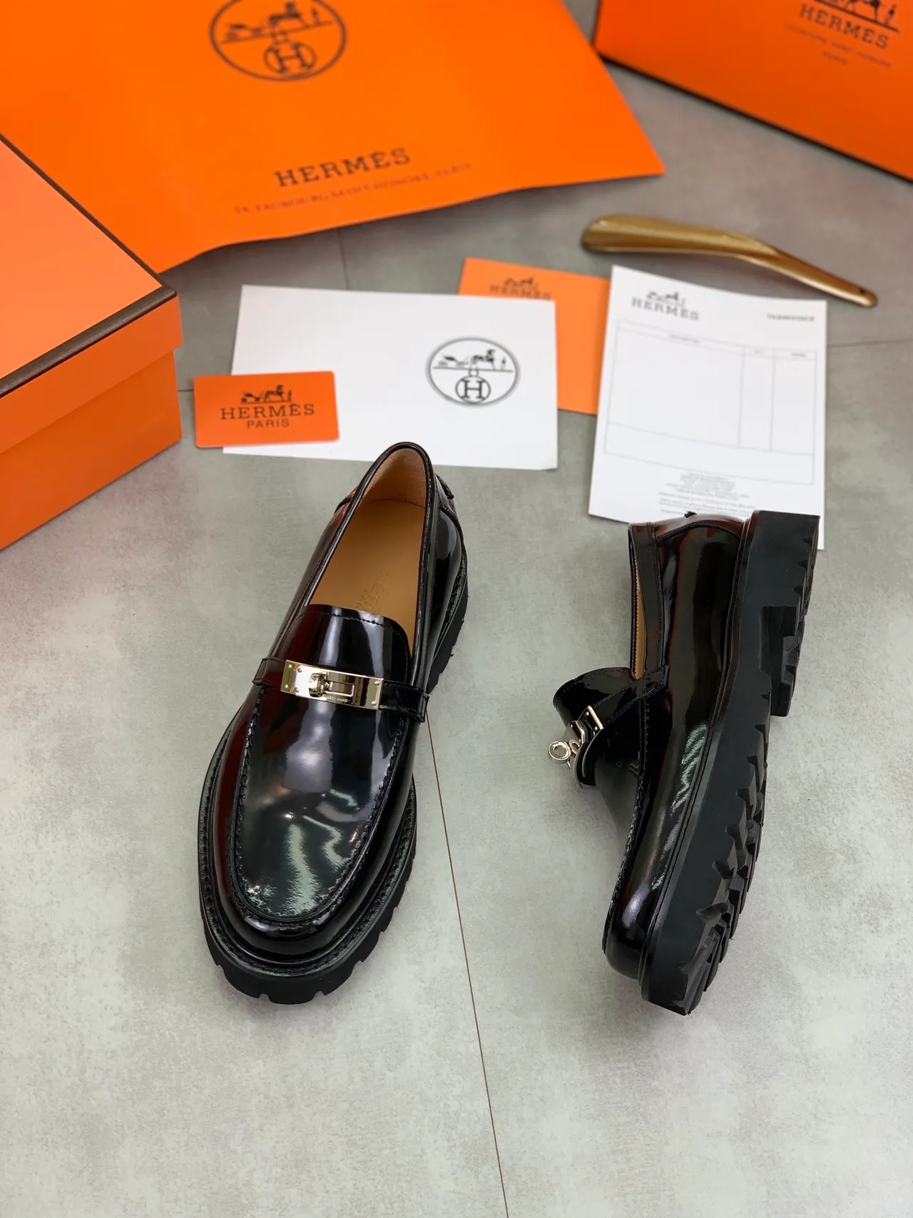 Hermès Oran Loafer Black Patent Leather H-Buckle Slip-On Loafers 5