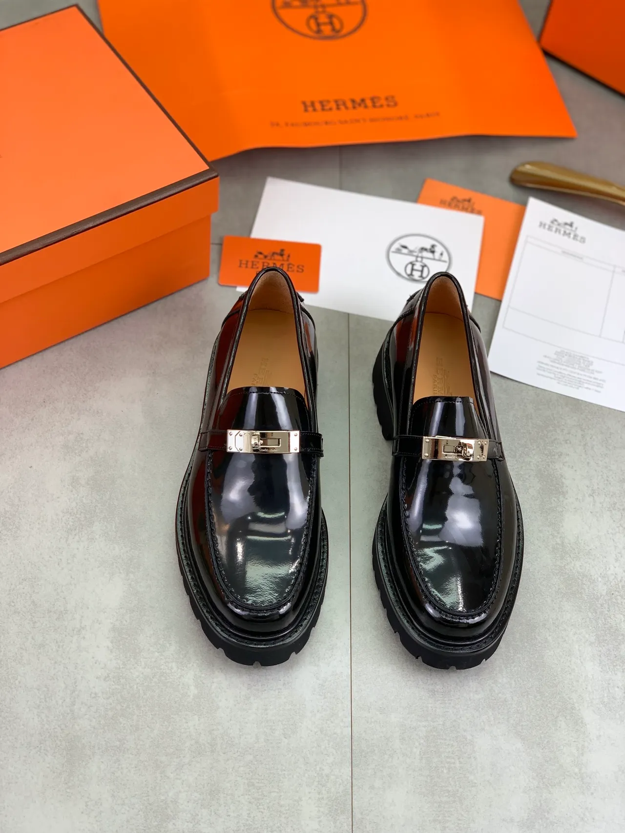 Hermès Oran Loafer Black Patent Leather H-Buckle Slip-On Loafers 6