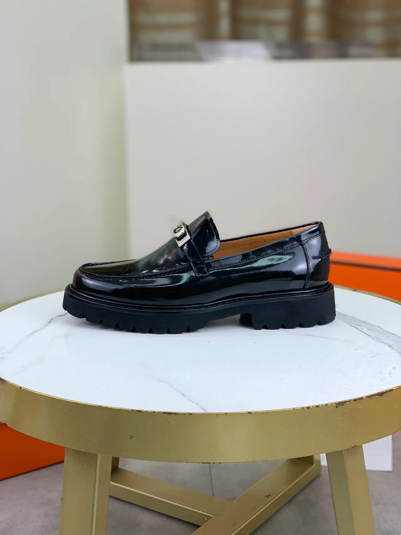 Hermès Oran Loafer Black Patent Leather H-Buckle Slip-On Loafers 7