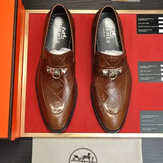 Hermès Oran Loafer Brown Embossed Leather Silver Buckle Loafers