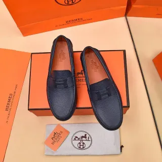 Hermès Oran Loafer Navy Blue Pebbled Leather H-Buckle Loafers