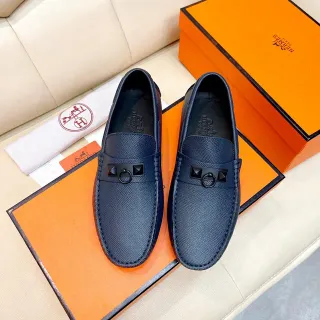Hermès Oran Navy Black Cuir grainé H-Ring Hardware Loafer