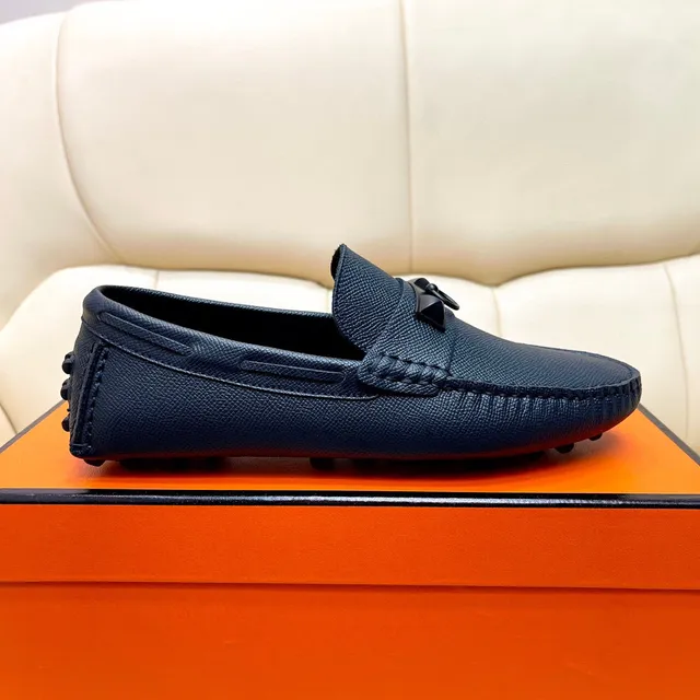 Hermès Oran Navy Black Grained Leather H-Ring Hardware Loafer 2