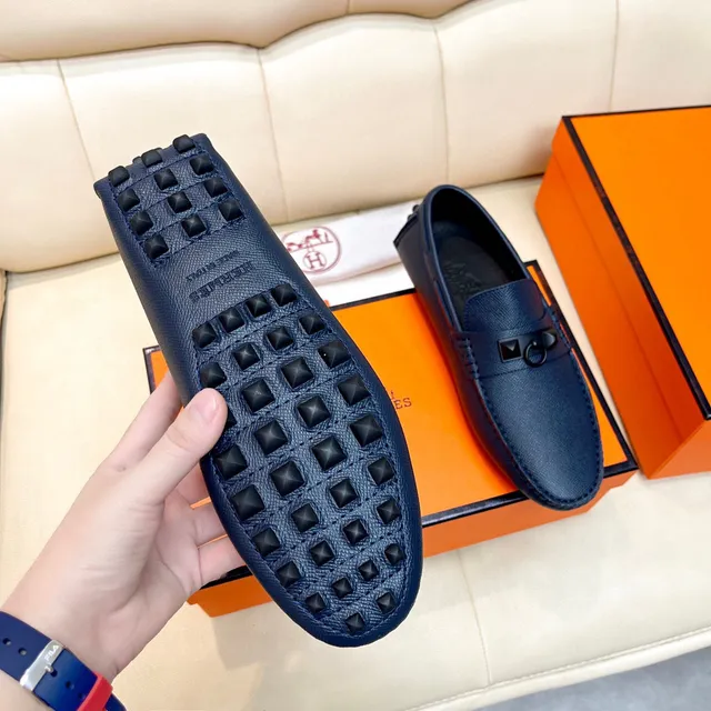 Hermès Oran Navy Black Grained Leather H-Ring Hardware Loafer 3