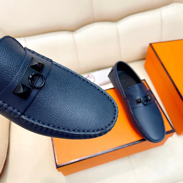 Hermès Oran Navy Black Grained Leather H-Ring Hardware Loafer 4