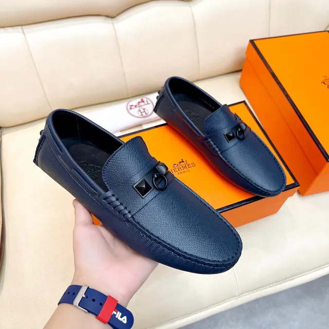 Hermès Oran Navy Black Grained Leather H-Ring Hardware Loafer 5