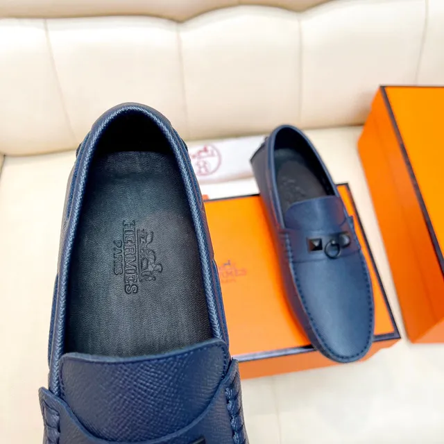 Hermès Oran Navy Black Grained Leather H-Ring Hardware Loafer 6