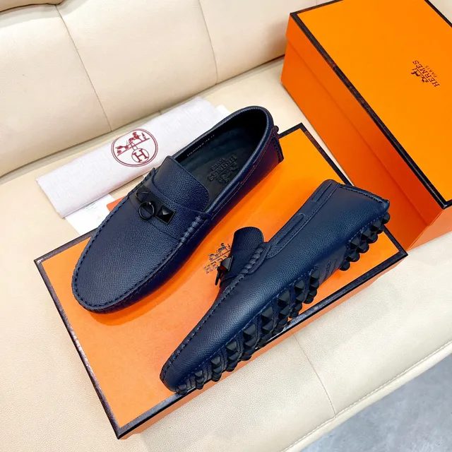 Hermès Oran Navy Black Grained Leather H-Ring Hardware Loafer 7