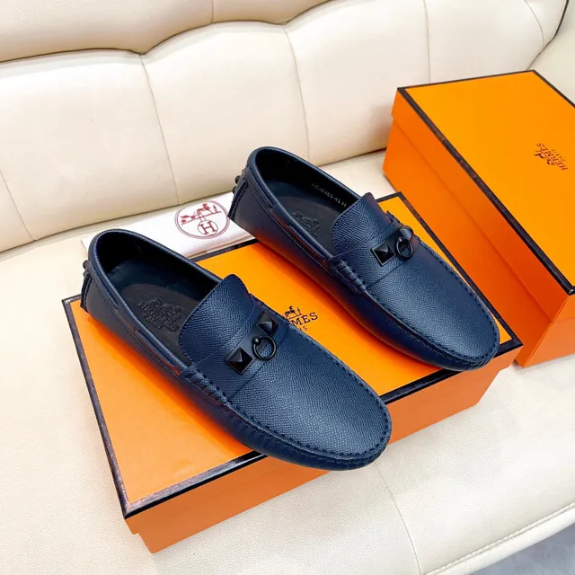Hermès Oran Navy Black Grained Leather H-Ring Hardware Loafer 8
