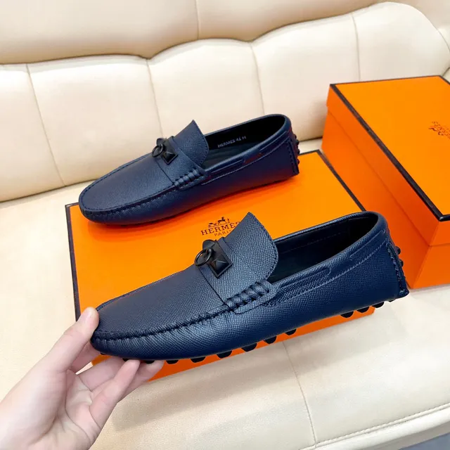 Hermès Oran Navy Black Grained Leather H-Ring Hardware Loafer 9