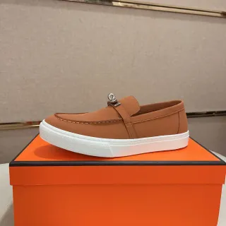Hermès Oran Orange White Slip-On H-Stirrup Hardware Loafer