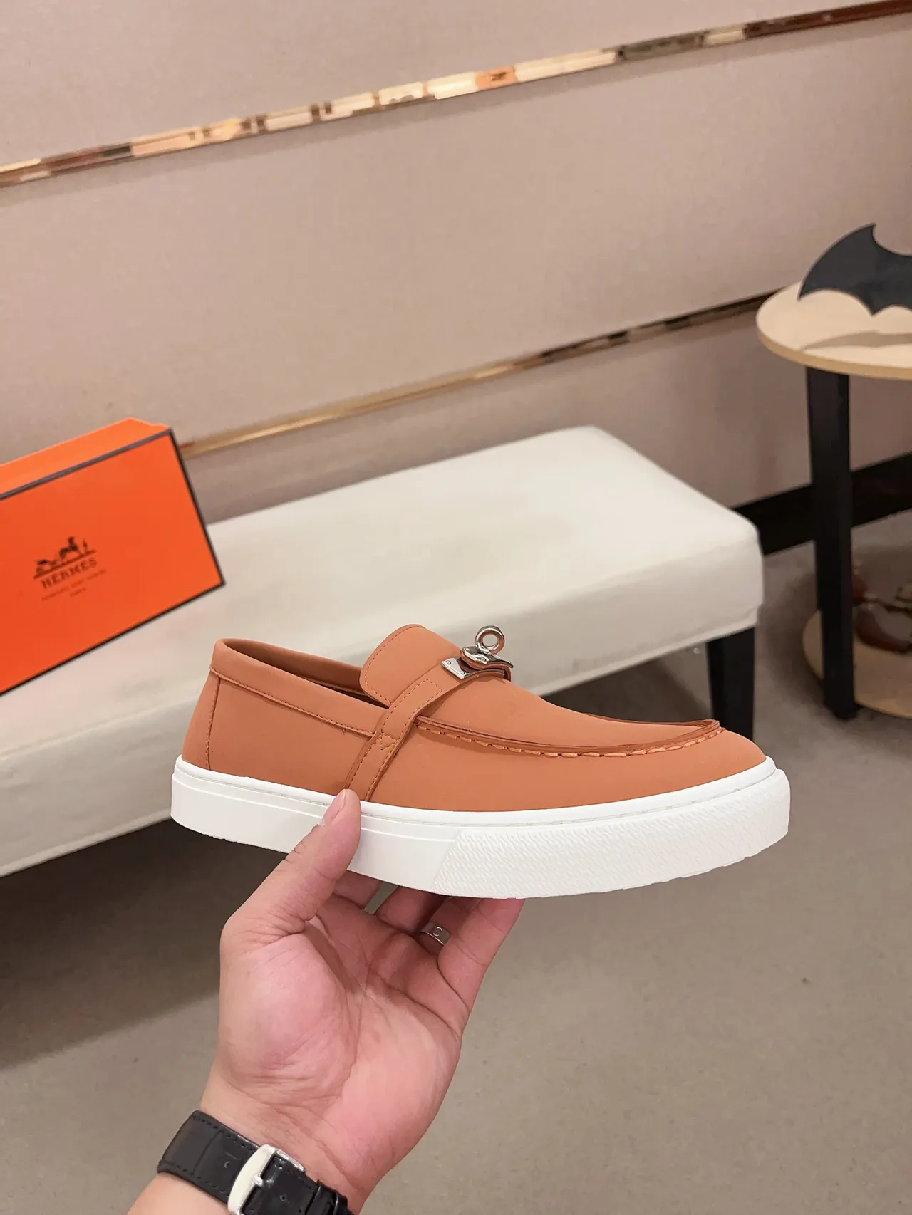 Hermès Oran Orange White Slip-On H-Stirrup Hardware Loafer 4