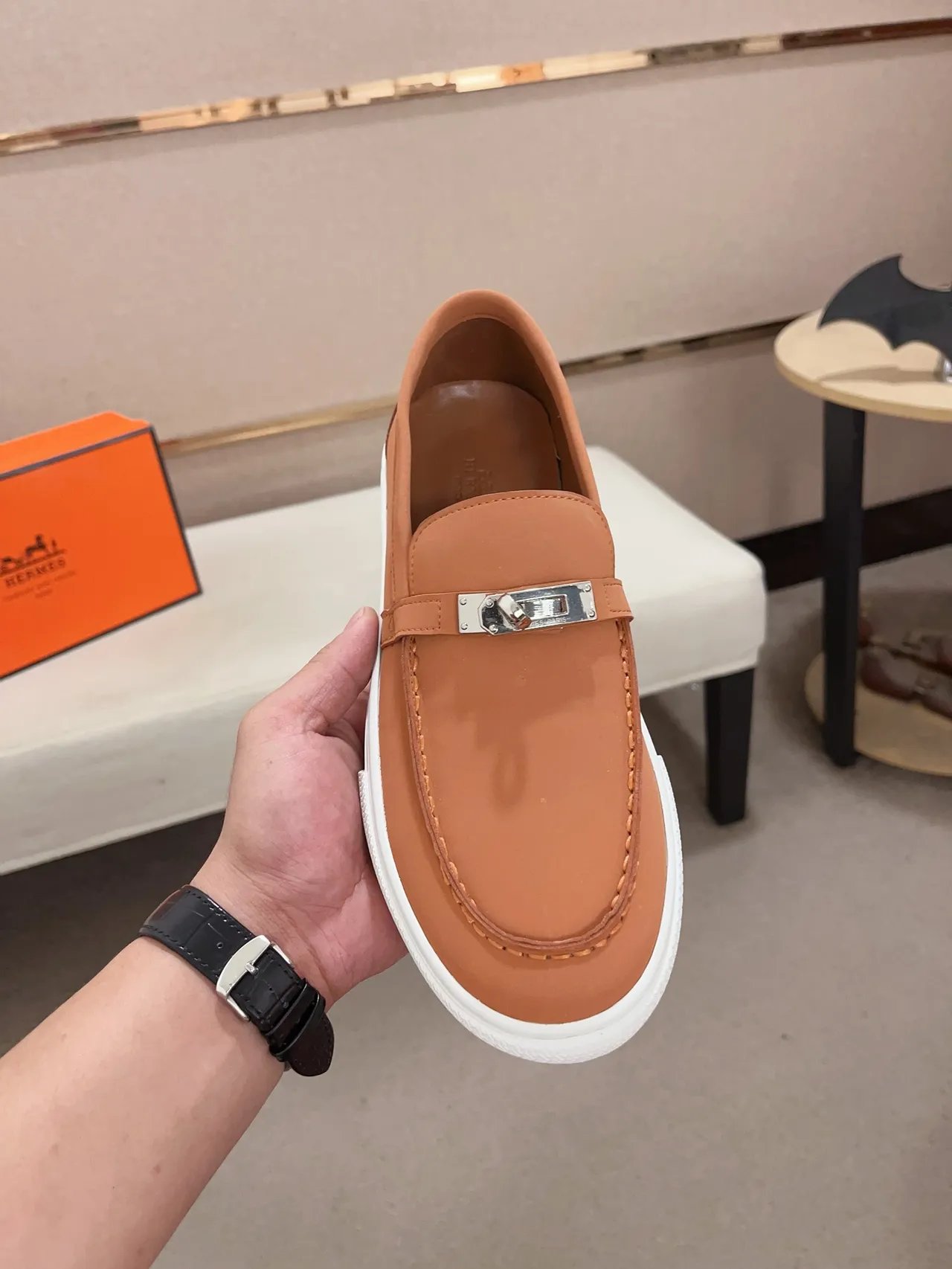 Hermès Oran Orange White Slip-On H-Stirrup Hardware Loafer 5
