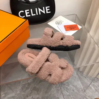 Hermès Oran Pink Black Fluffy Shearling Upper Double Strap Slippers