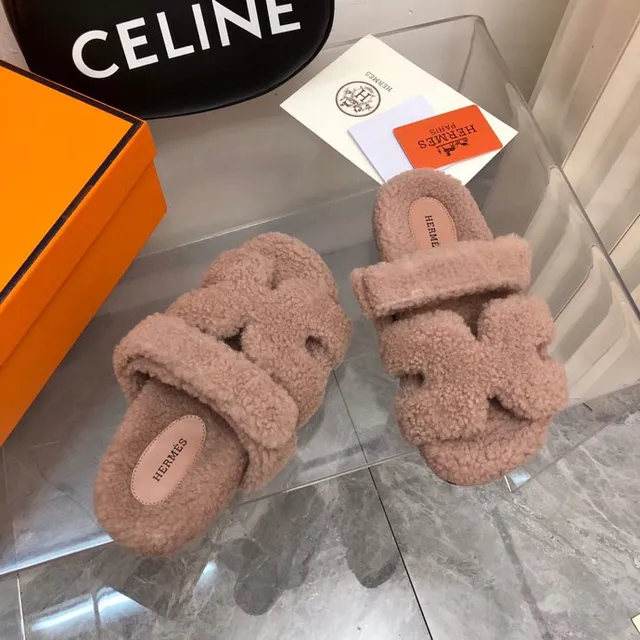 Hermès Oran Pink Black Fluffy Shearling Upper Double Strap Slippers 2