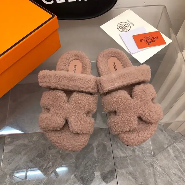 Hermès Oran Pink Black Fluffy Shearling Upper Double Strap Slippers 6