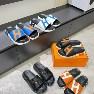Hermès Oran Slide Sandálias de couro preto branco laranja