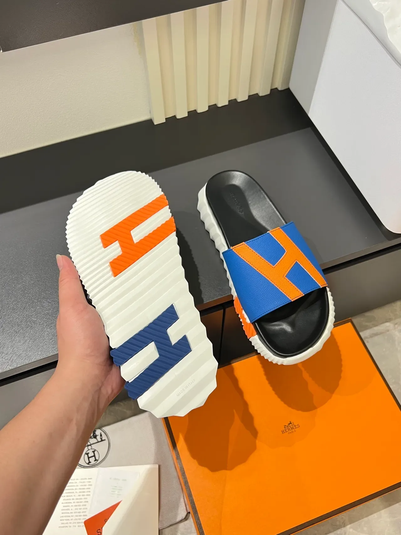 Hermès Oran Slide Black White Orange Leather Slippers 2