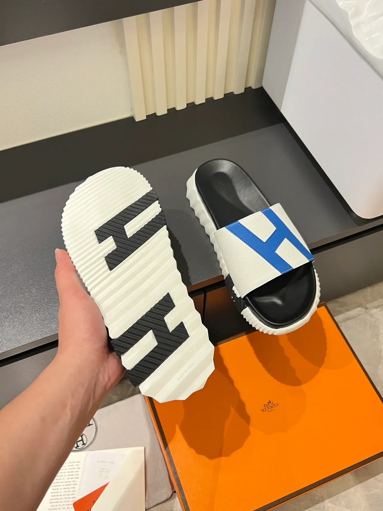 Hermès Oran Slide Black White Orange Leather Slippers 3