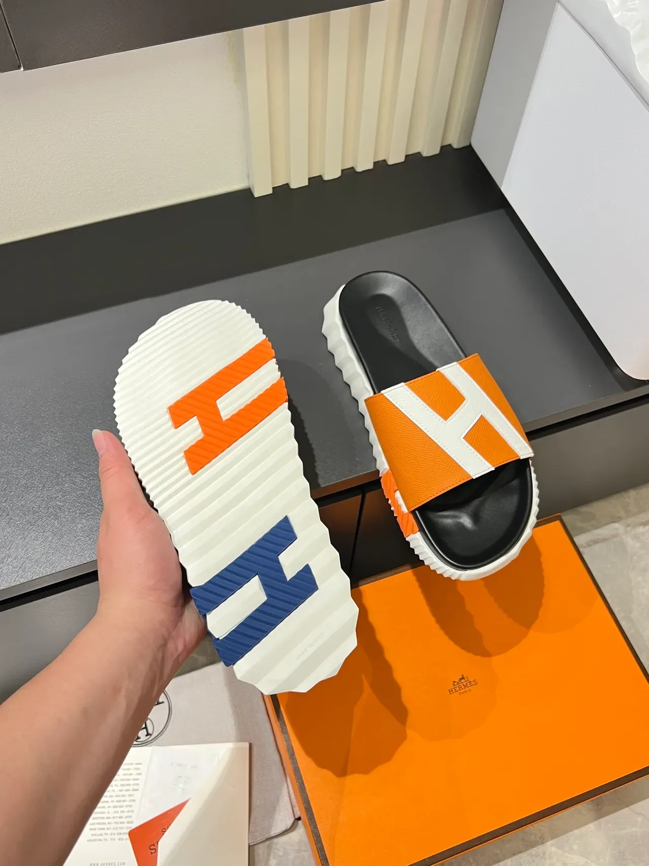 Hermès Oran Slide Black White Orange Leather Slippers 4