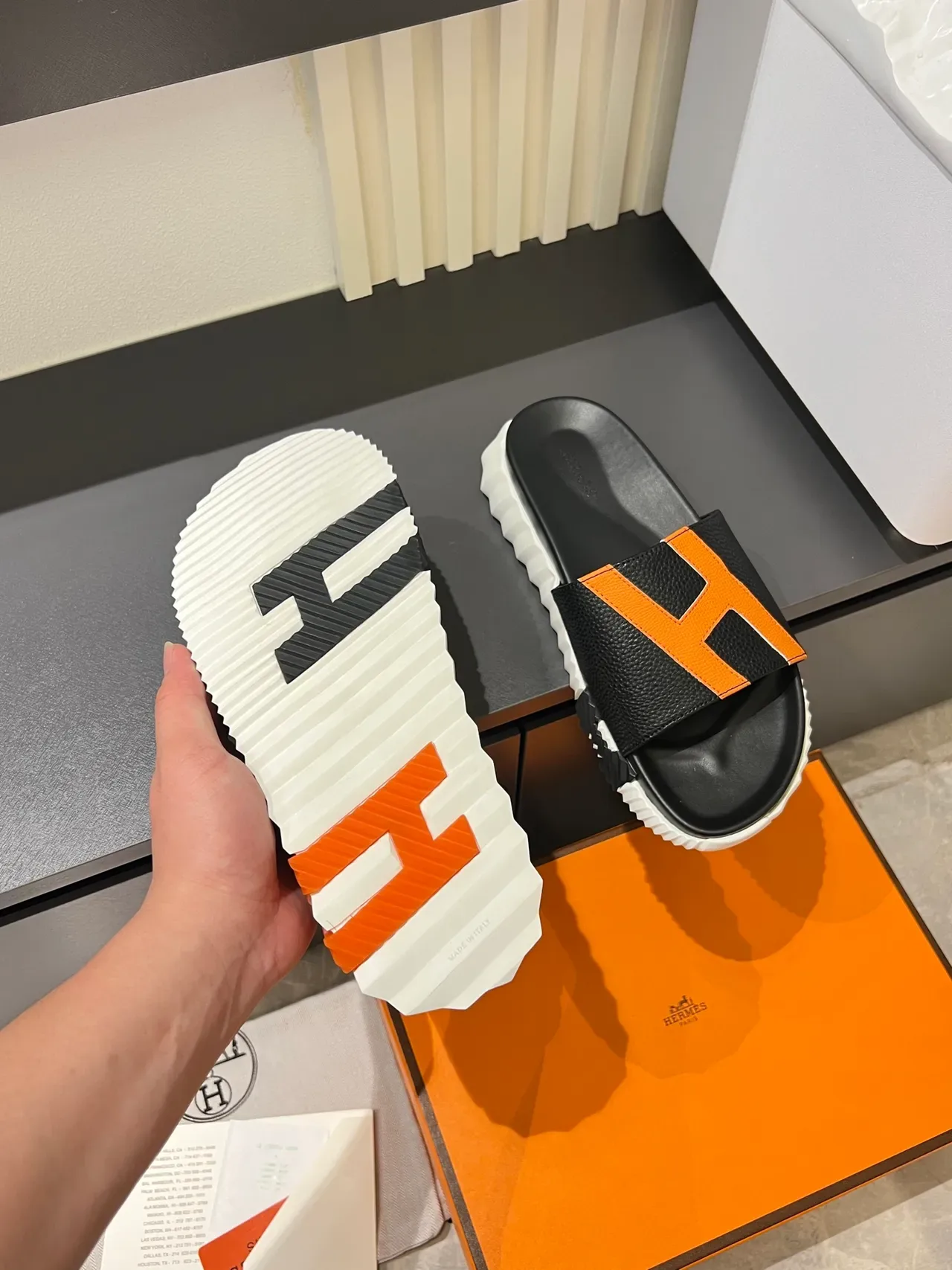 Hermès Oran Slide Black White Orange Leather Slippers 5