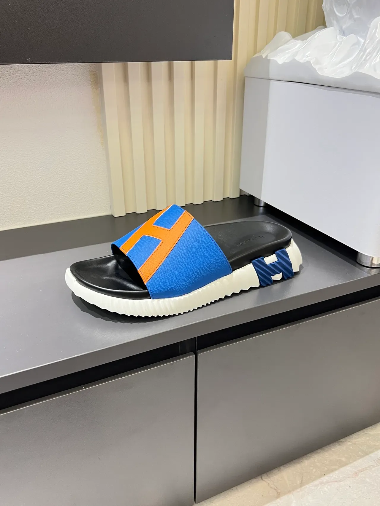 Hermès Oran Slide Black White Orange Leather Slippers 7