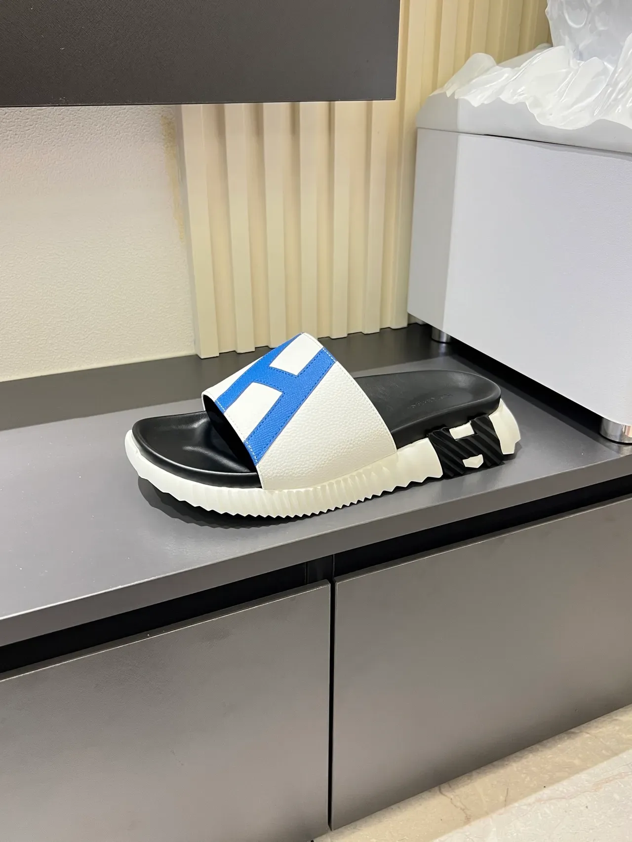 Hermès Oran Slide Black White Orange Leather Slippers 8