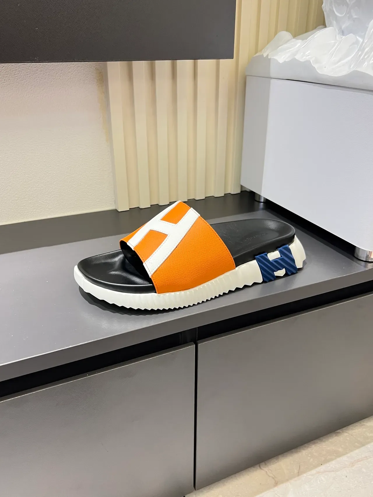 Hermès Oran Slide Black White Orange Leather Slippers 9