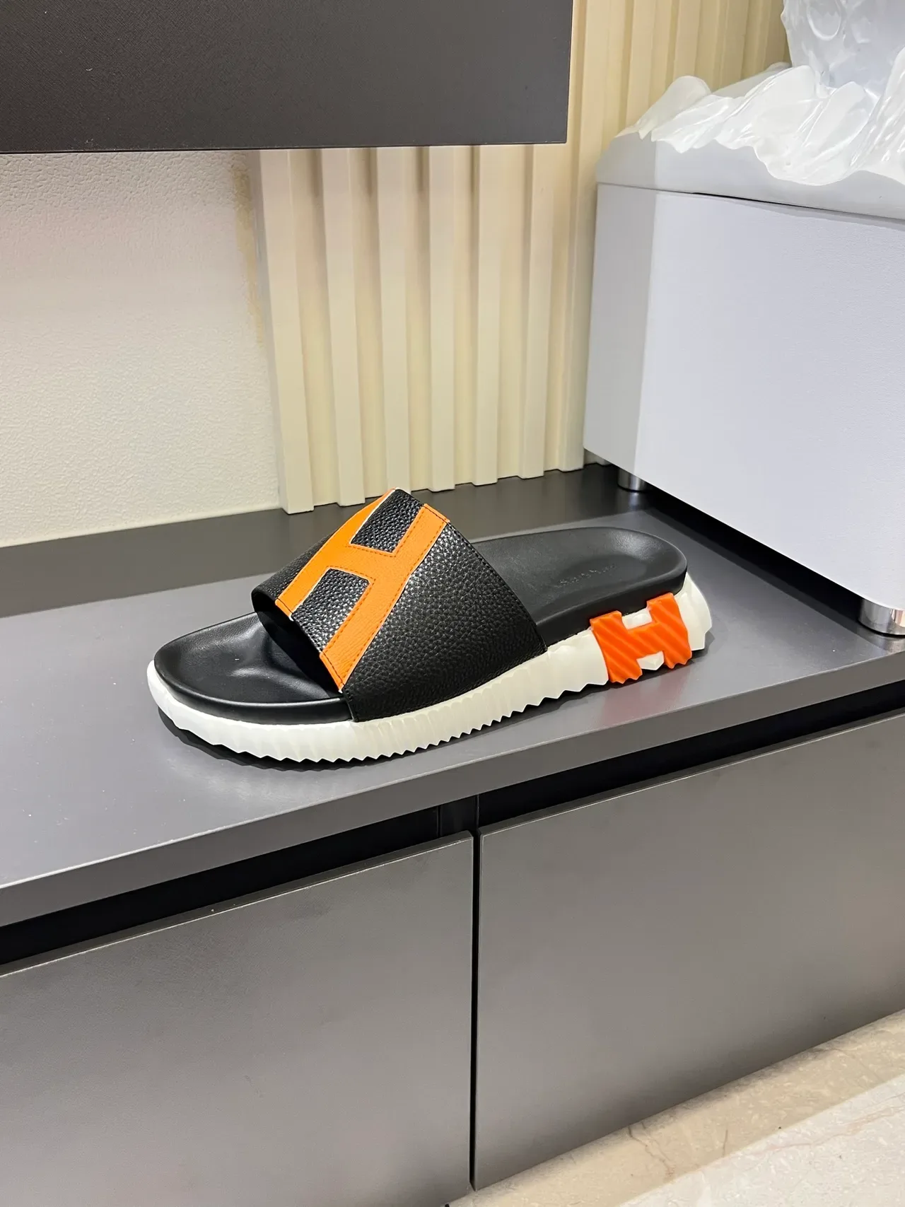 Hermès Oran Slide Black White Orange Leather Slippers 10