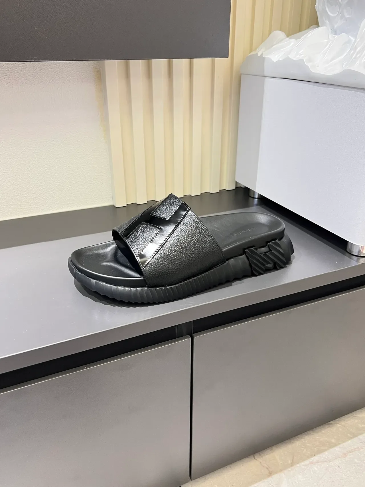 Hermès Oran Slide Black White Orange Leather Slippers 11
