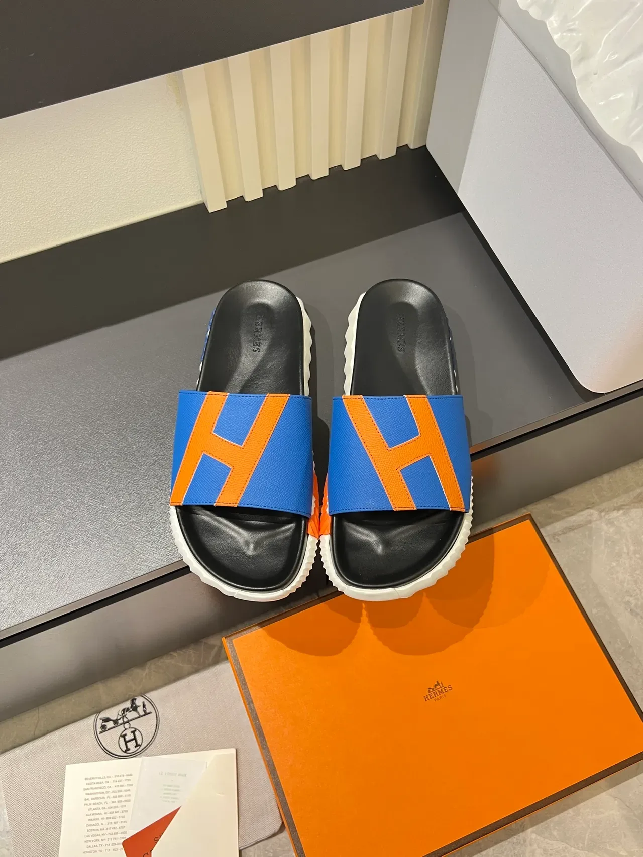 Hermès Oran Slide Black White Orange Leather Slippers 12