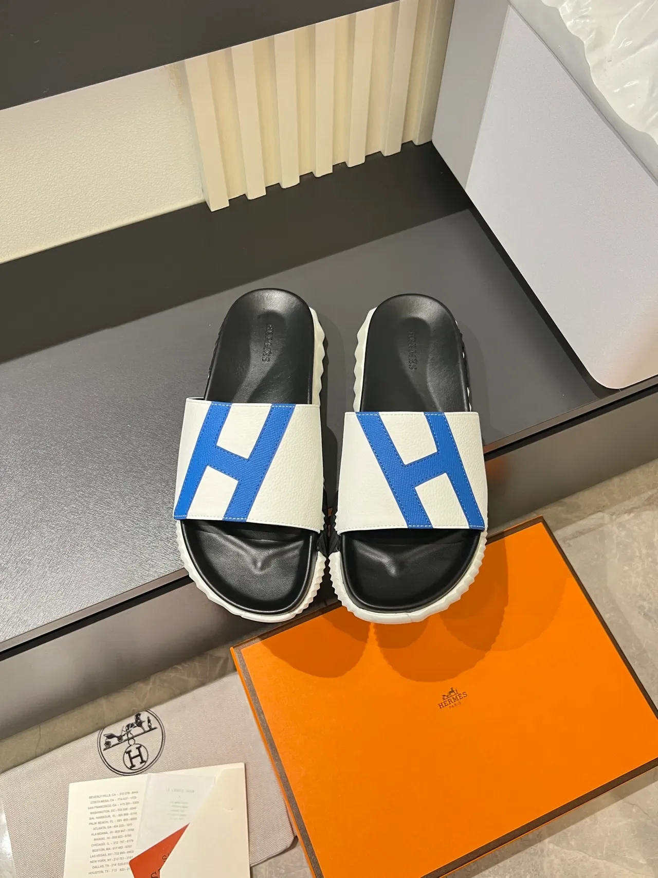 Hermès Oran Slide Black White Orange Leather Slippers 13