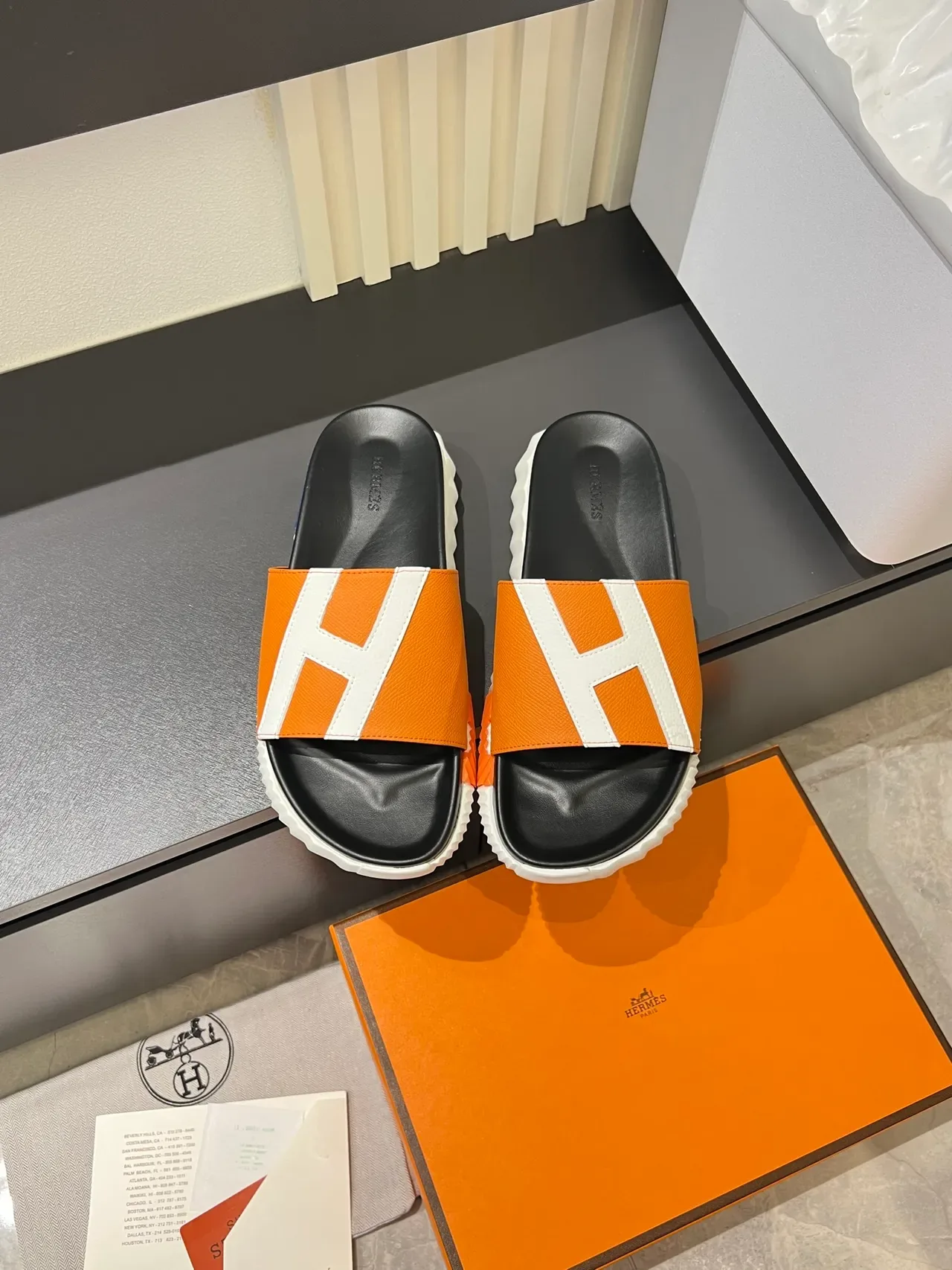 Hermès Oran Slide Black White Orange Leather Slippers 14