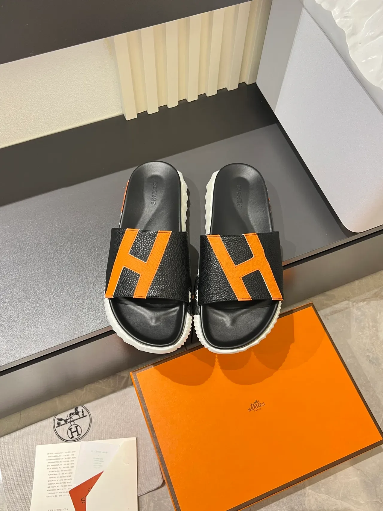Hermès Oran Slide Black White Orange Leather Slippers 15