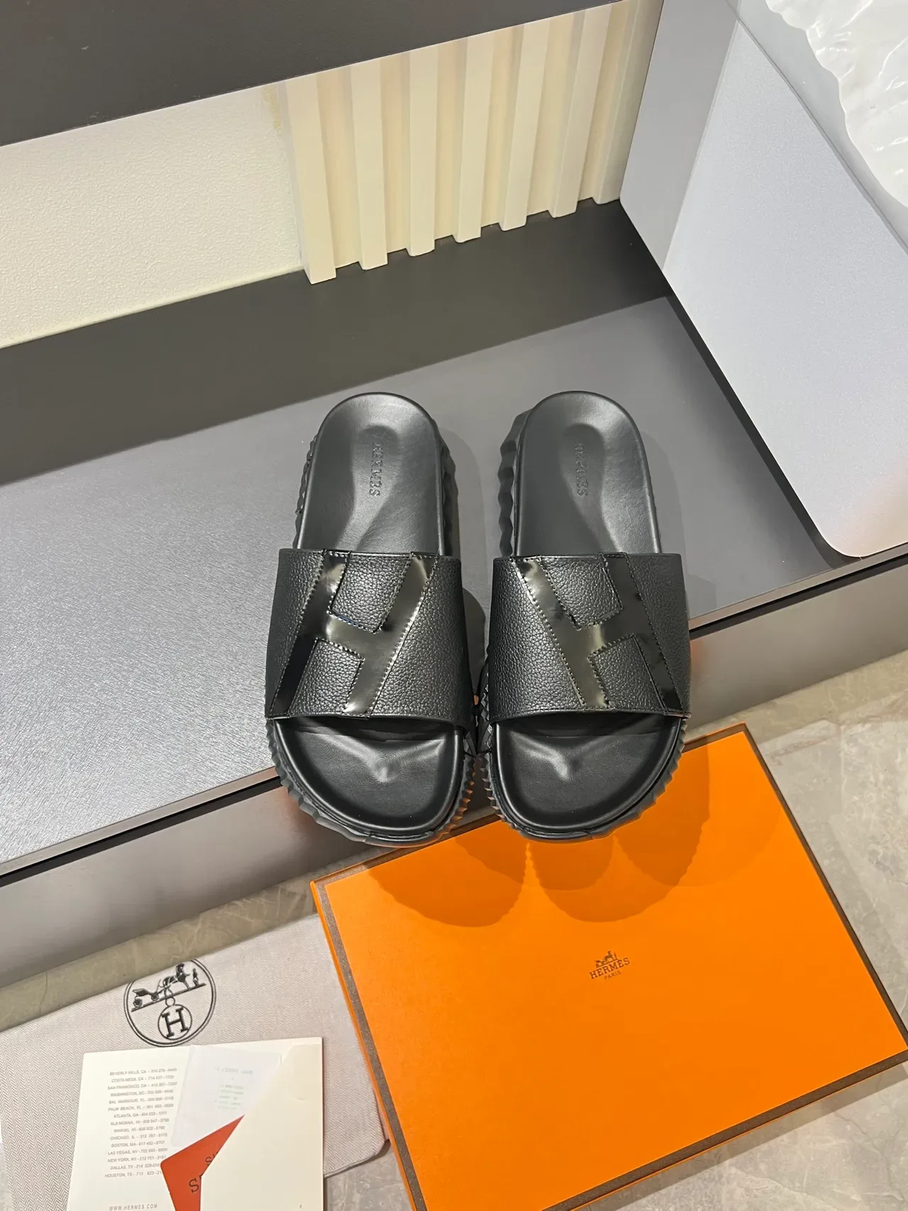 Hermès Oran Slide Black White Orange Leather Slippers 16