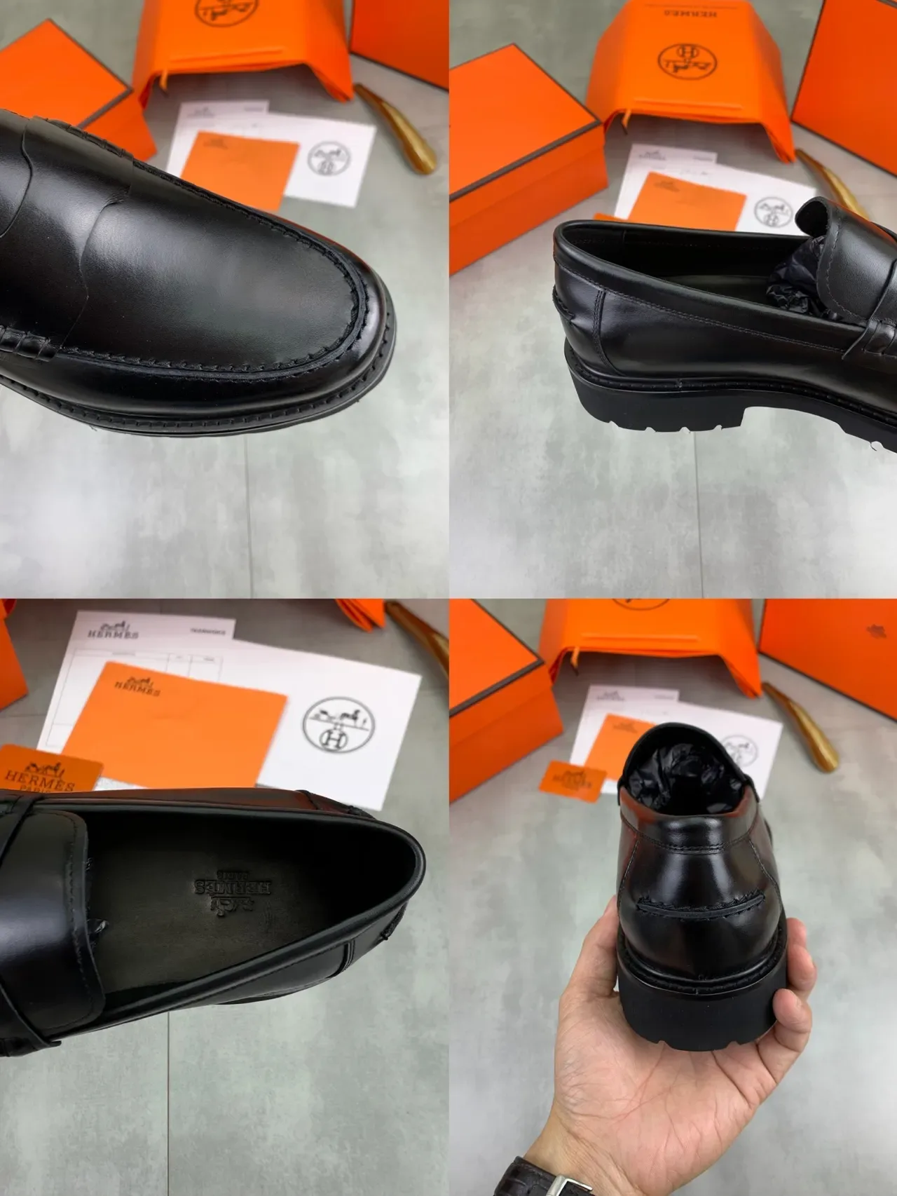 Hermès Penny Loafer Noir Cuir Poli avec Semelle à Crampons Épaisses 2
