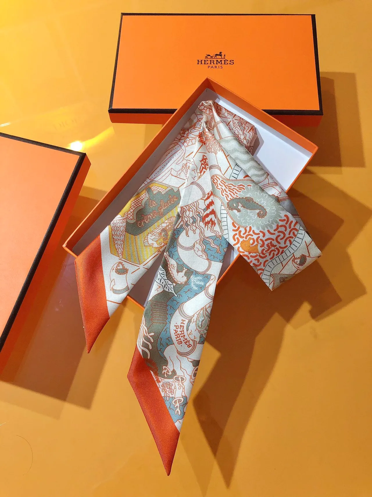 Hermès Printed Orange-Bordered Silk Scarf 6