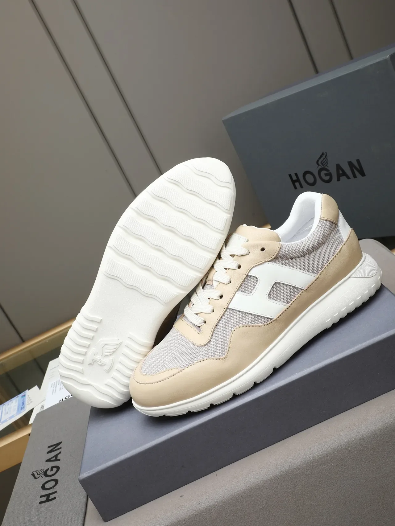 Hogan H-Logo Beige and Gray Lifestyle Sneakers 4
