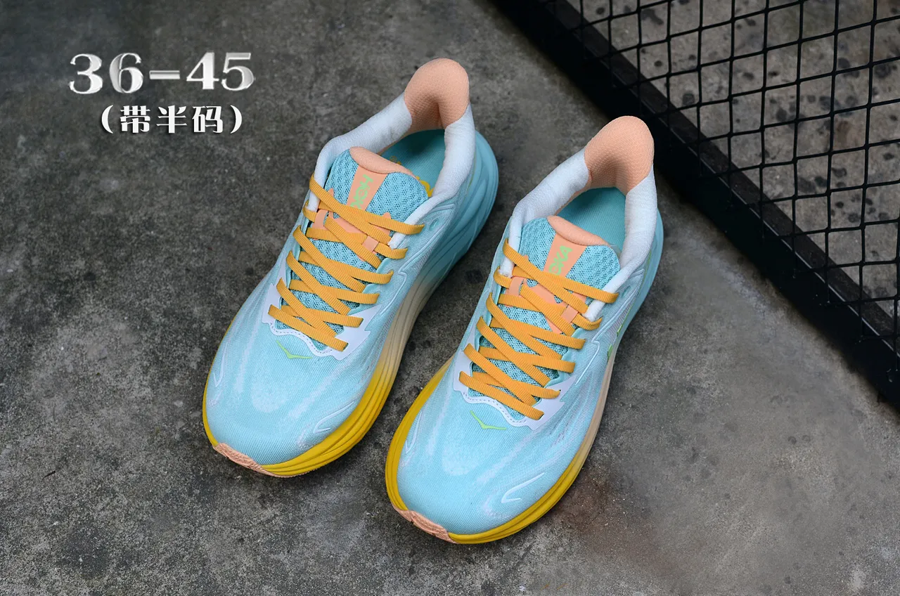 Hoka Clifton Bleu Jaune Tige Tricotée Ingénierée Midsol Sculpté à Densité Multiples Chaussures de course 4