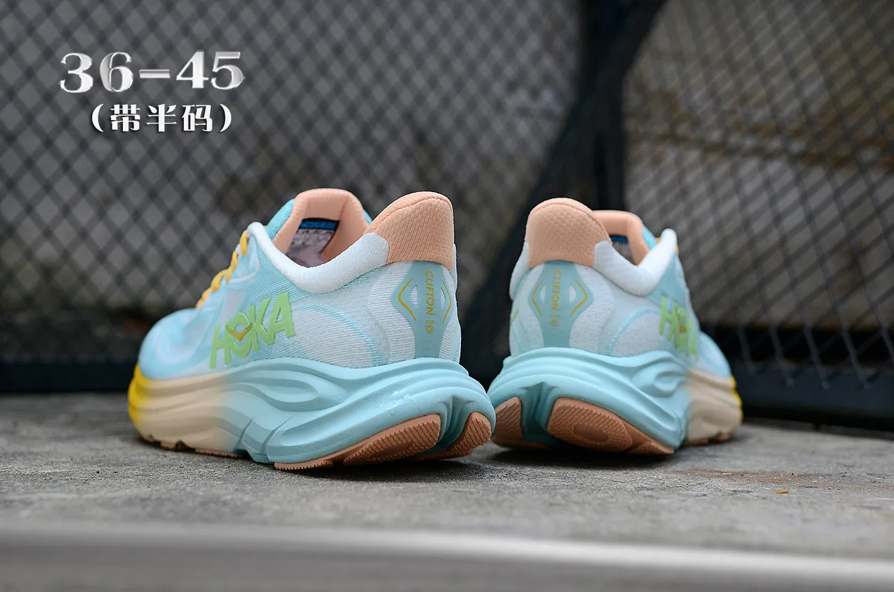 Hoka Clifton Bleu Jaune Tige Tricotée Ingénierée Midsol Sculpté à Densité Multiples Chaussures de course 6