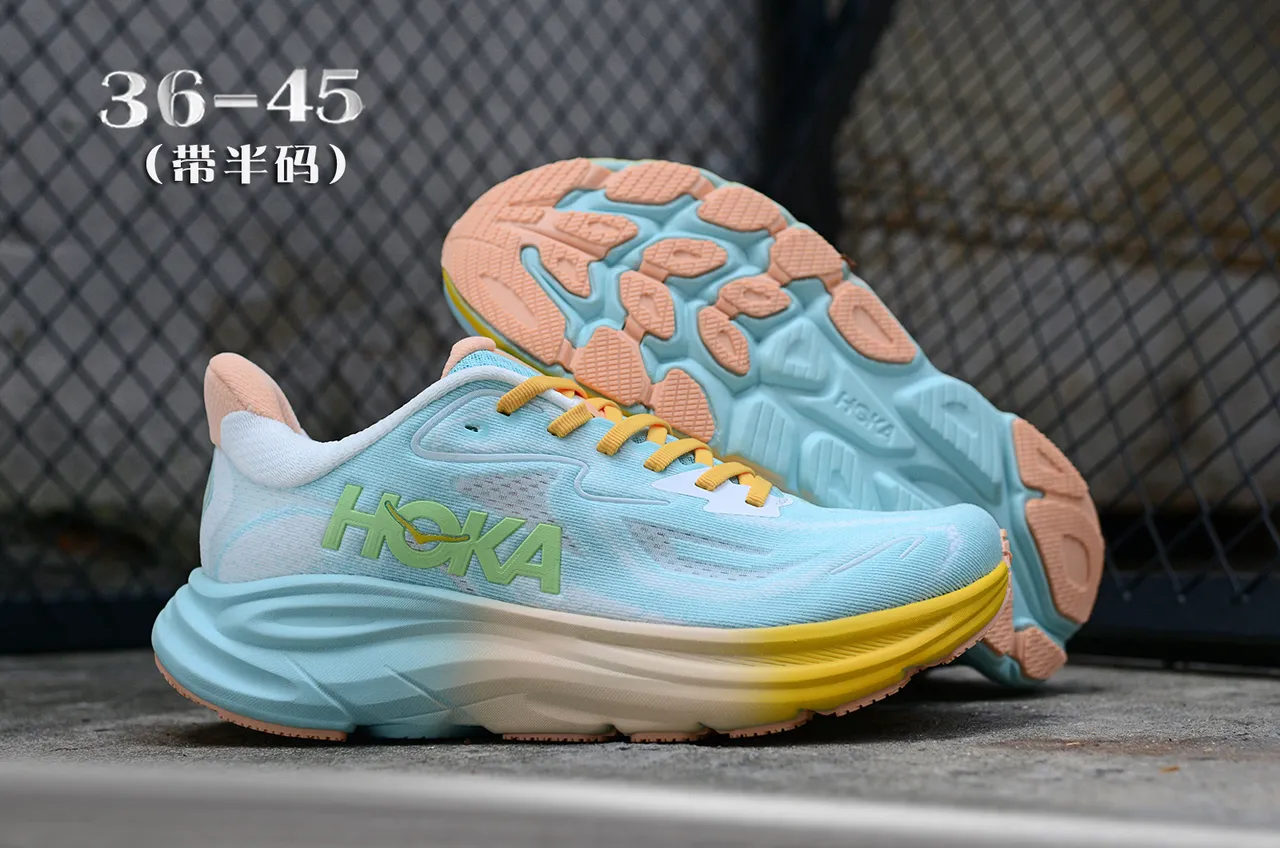 Hoka Clifton Bleu Jaune Tige Tricotée Ingénierée Midsol Sculpté à Densité Multiples Chaussures de course 7