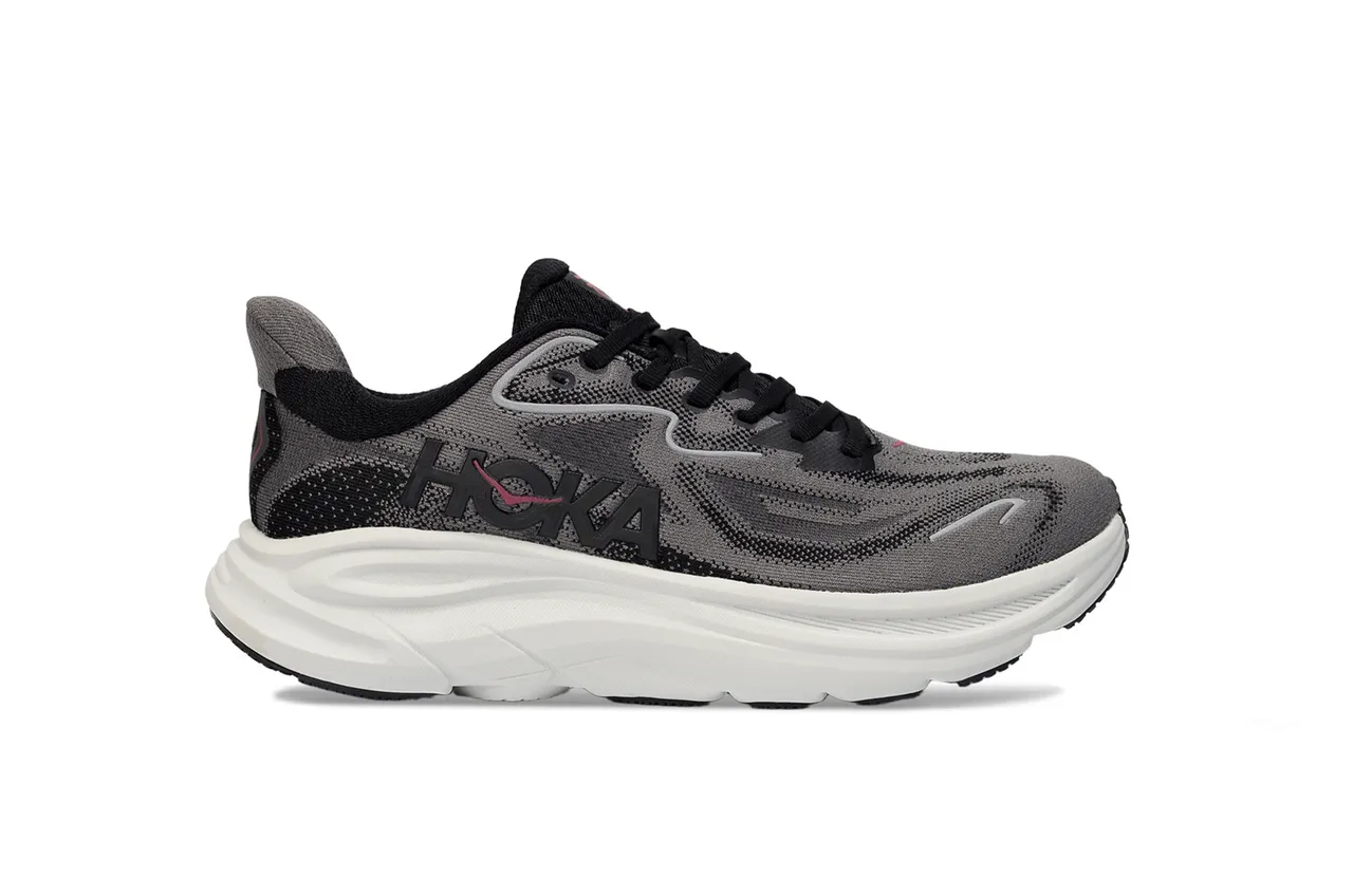 Hoka Clifton Cinza Branco Parte Superior em Knit Engineered Solado Intermediário Esculpido Tênis de Corrida 2